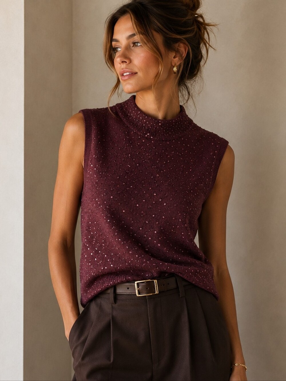 Banana Republic Wool Blend Beaded Sleeveless Mock Neck Knit Top in Wine